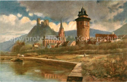 73560916 Oberwesel Rhein Partie Am Fluss Blick Zur Burg Schoenburg Kuenstlerkart - Oberwesel