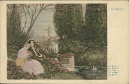 J.K. ROMISCH SIGNED 1910s POSTCARD - AU PARC - COUPLE & FLOWERS - EDIT F.H. & S.W. IX - 3012 (5470) - Corbella, T.