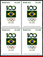 Ref. BR-3277-Q BRAZIL 2014 SPORTS, BRAZILIAN OLYMPIC, COMMITTEE, CENT., FLAG, BLOCK MNH 4V Sc# 3277 - Stamps