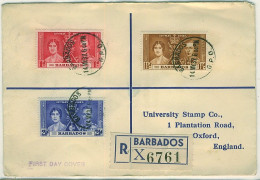 BARBADOS KGVI 1937 Coronation SG  245-7 Registered  First Day Cover To Oxford - Barbades (...-1966)