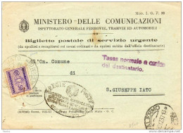1937 CARTOLINA INTESTATA MINISTERO DELLE COMUNICAZIONI  CON ANNULLO PALERMO - Impuestos