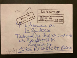 LETTRE TAXE 5,90 + REFISE POUR TAXE + VERSO OBL.5-8 1991 17 LA ROCHELLE RP - 1960-.... Storia Postale