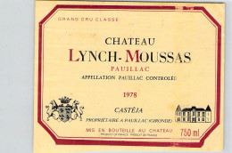 BISTROT ETIQUETTES ALCOOLS VINS PAUILLAC CHATEAU LYNCH MOUSSAS CASTEJA 1978 9 X 12 CM - Alcohols & Spirits