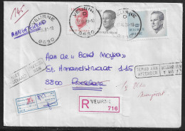 Belgium. Stamps Sc. 1092, 1103, 1231 On Registered Commercial Letter, Sent From Veurne On 05.04.1991 For Roeselare - 1981-1990 Velghe