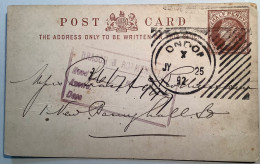 Exceptional Strike Of „LONDON X 1892“ HOSTER MACHINE CANCEL On GB Queen Victoria 1/2d Postal Stationery Card - Entiers Postaux