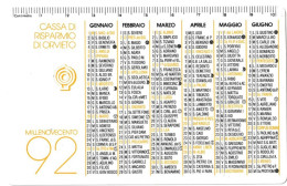 Calendarietto - Cassa Di Risparmio - Orvieto - Anno  1992 - Formato Piccolo : 1991-00