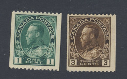 ILMAINEN TOIMITUS - 2x Canada George V Coil MH Stamps; #131 -1c VF #134 -3c F/VF Guide Value = $23.00 - Coil Stamps