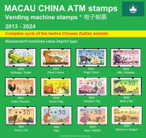 Macau China ATM Stamps 2013-2024, Complete Collection Of All 12 Chinese Zodiac Animals - Klüssendorf Type - Distribuidores