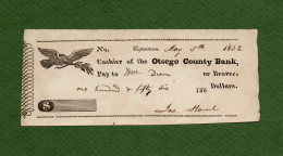 USA Check Otsego County Bank Cooperstown New York 1832 - Altri & Non Classificati