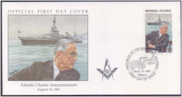 Franklin D Roosevelt Atlantic Charter Announcement, Member Of Holland Lodge No. 8 Freemasonry Masonic Marshall FDC - Franc-Maçonnerie