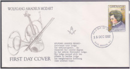 Mozart Member Masonic Lodge Zur Wohltätigkeit, Freemasonry Composer, Musical Instrument Violin, Trumpet, Grenada FDC - Francmasonería