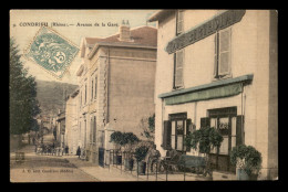 69 - CONDRIEU - AVENUE DE LA GARE - CAFE BERTHOLAT - CARTE TOILEE ET COLORISEE - Condrieu