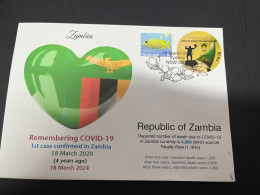 18-3-2024 (3 Y 23) COVID-19 4th Anniversary - Zambia - 18 March 2024 (with Zambia Football Flag Stamp) - Maladies