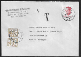 Belgium. Stamps Sc. 1092, J66 On Commercial Letter, Taxed - Postage Due Stamps, Sent From Kortrijk On 29.01.1990 - Storia Postale