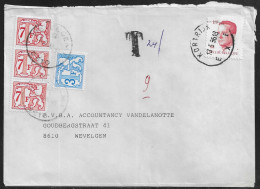 Belgium. Stamps Sc. 1092, J64, J74 On Commercial Letter, Taxed - Postage Due Stamps, Sent From Kortrijk On 13.05.1986 - Covers & Documents