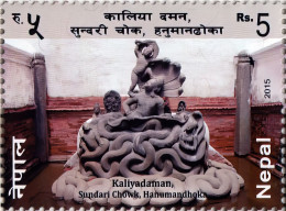 Lord Krishna Kaliyadaman Carving Stamp 2015 Nepal - Induismo