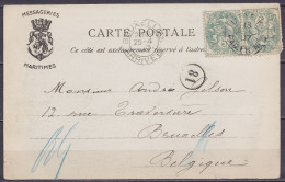 Port-Saïd - CP "Messageries Maritimes - Vue Du Port" Affr. 2x 5c Càd "LIGNE N /18 AVRIL 1907/ PAQ. FR. N°5" Pour BRUXELL - Brieven En Documenten