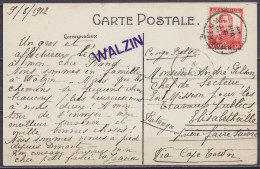 CP Walzin Affr. N°111 Càd ANSEREMME /9 VIII 1912 Pour ELISABETHVILLE Congo Belge Via Cape Town - Griffe "WALZIN" - 1912 Pellens