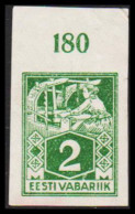 1922-28 WEAVER AND SMITH 2 Mk. Green Imperforated. With Upper Margin With Number 180 Printed.... (Michel 34B) - JF543569 - Estland