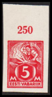 1922-28. EESTI VABARIIK. WEAVER AND SMITH. 5 Mk. Carmine Imperforated. With Upper Margin With... (Michel 37B) - JF543575 - Estland