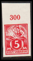 1922-28. EESTI VABARIIK. WEAVER AND SMITH. 5 Mk. Carmine Imperforated. With Upper Margin With... (Michel 37B) - JF543576 - Estland