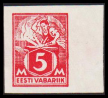 1922-28. EESTI VABARIIK. WEAVER AND SMITH. 5 Mk. Carmine Imperforated. No Gum.  (Michel 37B) - JF543578 - Estland