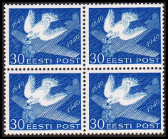1940. EESTI POST. CARRIER PIGEON 30 S. Blue 4-Block. Never Hinged. (Michel 163w) - JF543583 - Estland
