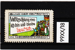 99XX/18  " Bund Der Deutschen In N.Ö. Volkszählung 1910 Ich Bin Und Bleibe Deutsch " Ohne Gummi "  SIEHE ABBILDUNG - Erinnofilia