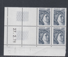 France N° 1962 Type Sabine : 1 C. Gris Foncé  En Bloc De 4 Coin Daté  Du  27 . 2 . 78 ; Sans Trait, Sans Charnière, TB - 1970-1979