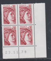 France N° 1965 Type Sabine : 10 C. Rouge-brun  En Bloc De 4 Coin Daté  Du  23 . 11 . 79 ; Sans Trait, Sans Charnière, TB - 1970-1979