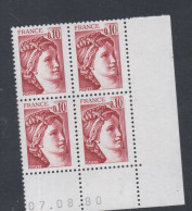 France N° 1965 Type Sabine : 10 C. Rouge-brun  En Bloc De 4 Coin Daté  Du  07 . 08 . 80 ; Sans Trait, Sans Charnière, TB - 1970-1979