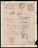 Argentina - Stationery. 1891 (27 Oct). Pourtale (Estacion Ferrocarril) - France. Fwded 4c Stat Lettercard, Cancelled "La - Autres & Non Classés