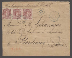 ARGENTINA. 1891 (4 Feb). BA / 1 - France. Reg Multifkd Env 8c Red Strip Of Three Tied Cds Blue R-pmk Blue Octagonal Pqbt - Autres & Non Classés