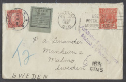 AUSTRALIA. 1937 (19July). Mackay, QLD - Sweden, Malmo (30 Aug). Fkd  Env Insuf Taxed Slogan Cancel Aux Marks Label Swedi - Altri & Non Classificati