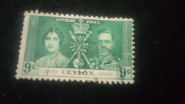 CEYLON- 1937-   GEORGE VI. TAÇ GİYME TÖRENİ  9  C    DAMGALI - Sri Lanka (Ceylon) (1948-...)