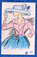 FEMME ELEGANTE AVEC SON CHAPEAU  -  DESSIN SIGNE HB 1995 - Zeichnungen