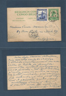 BELGIAN CONGO. 1945 (30 Jan) Kikwit - Belgium, Liege. 1fr Green Stat Card + 6f Adtl, Cds + Censor Cachet. Via Bruxelles  - Other & Unclassified