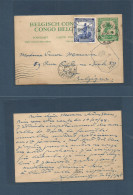 BELGIAN CONGO. 1945 (30 Jan) Kikwit - Belgium, Liege. 1fr Green Stat Card + 6f Adtl, Cds + Censor Cachet. Via Bruxelles  - Otros & Sin Clasificación