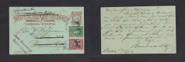 BOLIVIA. 1903 (20 Aug) Oruro - Argentina, Buenos Aires, Fwded. Rosario, Santa Fe. 1c Brown / Bluish Stat Card + 2 Adtls, - Bolivie