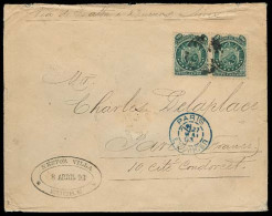 BOLIVIA. 1893. Sucre - France. Env Fkd 20c Green Pair 9 Stars Perf 12, Cork Cancel + Blue Arrival Cds. Via Bs As. F- VF. - Bolivie