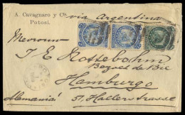 BOLIVIA. 1893. Potosi - Germany. Env Fkd 5c Blue Pair And 20c Green, Both Nine Stars, Perf 12, Tied Cork Cancels, Cds. V - Bolivie