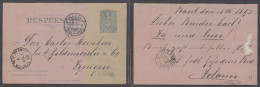 CHILE - Stationery. 1893 (13 Aug). REPLY HALF Stat Card. Switzerland Basel - Iquique (25 Sept). 3c Blue Pink Reply Half  - Chile