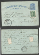 CHILE - Stationery. 1898 (9 Dec) Corral - Germany, Leipzig (22 Dec) 2ct, Blue Stat Card + 1c Adtl, Indistintive Cds. Via - Chile