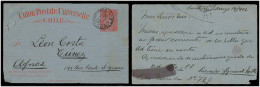 CHILE - Stationery. 1902 (19 March). Santiago - Tunel / Africa. 3c Red / Bluish Stat Card. V Rare Dest Mail. Arrival Par - Chile