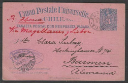 CHILE - Stationery. 1893 (9 March). Valdivia - Germany. 3c Stat Card Grey Blue On Pink. Endorsed "Per Iberia" Via Magall - Chile