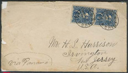 CHILE. 1886. Iquique - USA. Env Fkd 5c Blue Vertical Pair Tied Small Cds. Rough Opened At Left, Otherwise Fine. - Chile