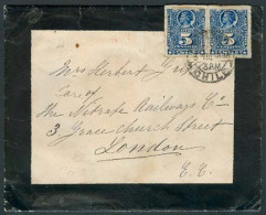 CHILE. 1898 (3 Ago). Santiago - London. Env Fkd 5c Blue Pair. VF. Arrival Cds. - Chile