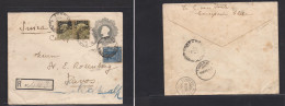 CHILE - Stationery. 1908 (10 Feb) Concepcion - Switzerland, Davos (10 March) Registered Colon 5c Grey Stat Env + 3 Adtls - Chile