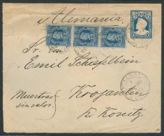 CHILE - Stationery. 1892. Talca - Germany. 5c Blue Stat Env + 5c Strip Of Three. - Chile