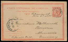 CHILE - Stationery. 1888. Chanaral  - Germany. Scarce Early 5c Red Stat Card / Overseas Used. VF + Small Town. - Chile